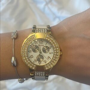Guess Gold and White Crystal-Accent Women's Watch